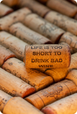 A cork with the text: 'Life is too short to drink bad wine'